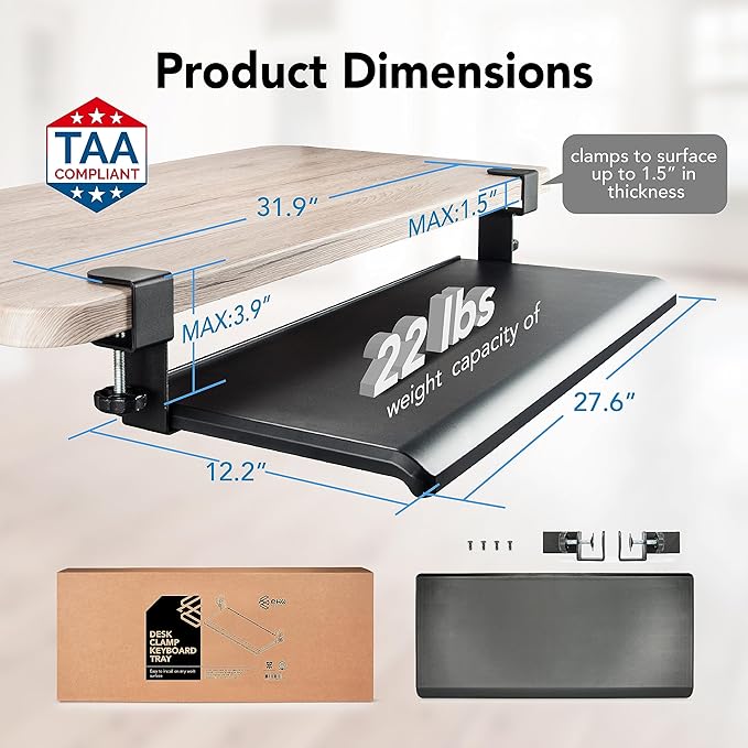 EHO Clamp-On Retractable Adjustable Keyboard Tray, Under Desk Ergonomic Keyboard Tray - Easy Tool-Free Install - Large Surface 27.5" (31.8" Including Clamps) x 12.5" Home & Office-DeskLoop Office
