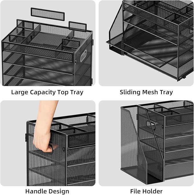 Marbrasse 5-Tier Desk Organizer with File Holder,Paper Letter Tray Organizer,Desktop File Organizer with Adjustable Compartments,Mesh Desk Organizers and Accessories for Office Supplies,Black-DeskLoop Office