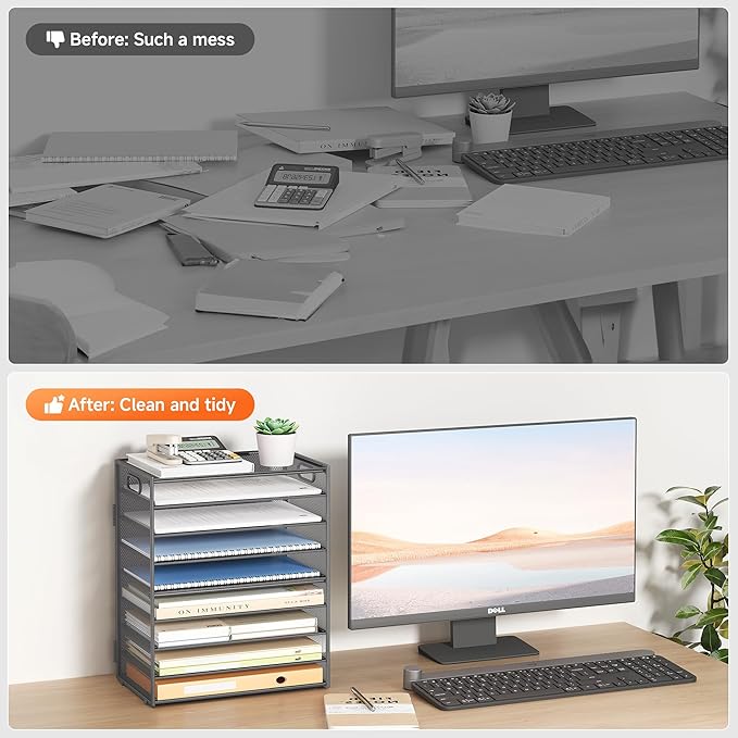 SUBEKYU 9 Tier Paper Organizer for Desk - Gray Metal Mesh Letter Tray File Paper Sorter Organizer Include 6 Pcs Adjustable Height Slid Tray with Handles for Office School Home Organization Storage-DeskLoop Office