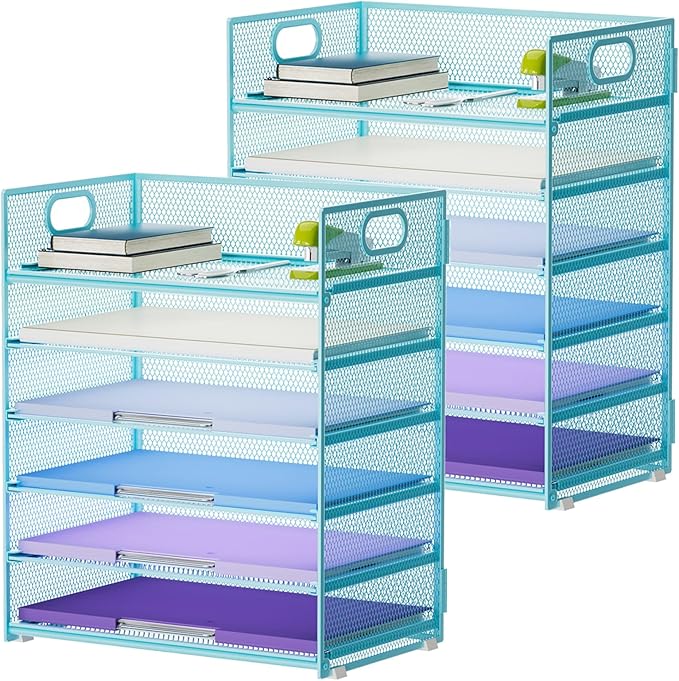 Marbrasse 2 Pack Desk Organizer with Handle, 6 Tier Paper Letter Tray, Mesh Desk File Organizer for Office, School and Home - Blue-DeskLoop Office