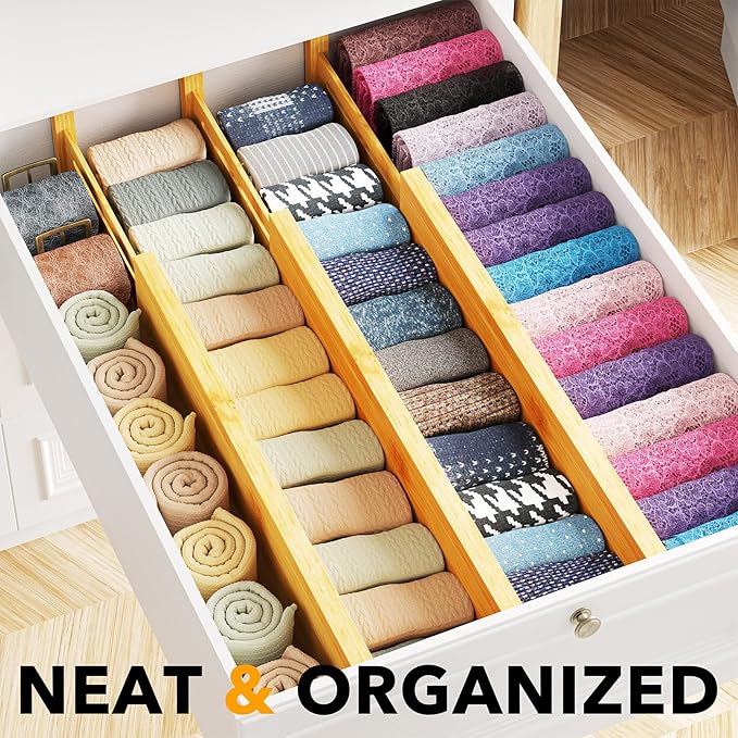 SpaceAid Bamboo Dresser Drawer Dividers 6 Pack, 4.65“ High Adjustable 17“-22” Drawer Organizers, Expandable Organization for Clothing, Clothes, Dressers, Natural-DeskLoop Office
