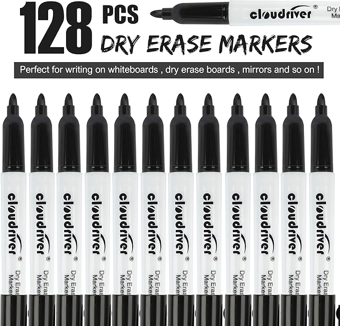 cloudriver Dry Erase Markers 128 Pack, Black Whiteboard Markers, Fine Tip, Low Odor, Bulk Dry Erase Marker For Office, home and School Supplies-DeskLoop Office