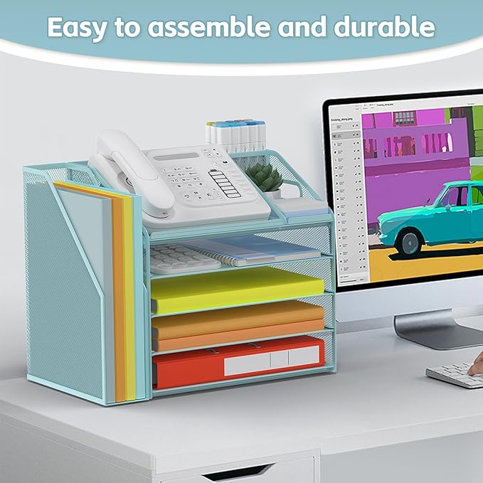 DocNest 5 Tier Paper Letter Tray File Organizer, Mesh Desk File with Handle, Workspace Desk Organizers with Pen Holder, Office Organization Storage Accessories - Blue-DeskLoop Office