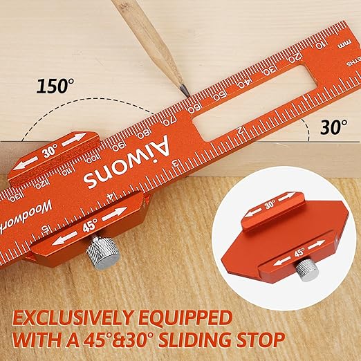 Woodworking Ruler Pocket Rule -12/8/6 Inch Precision Pocket Ruler with 45°& 30°Metal Slide Stop - Wood Marking Ruler Metric Inch Measuring Scribing Rulers - Aluminum Alloy Square Ruler-DeskLoop Office