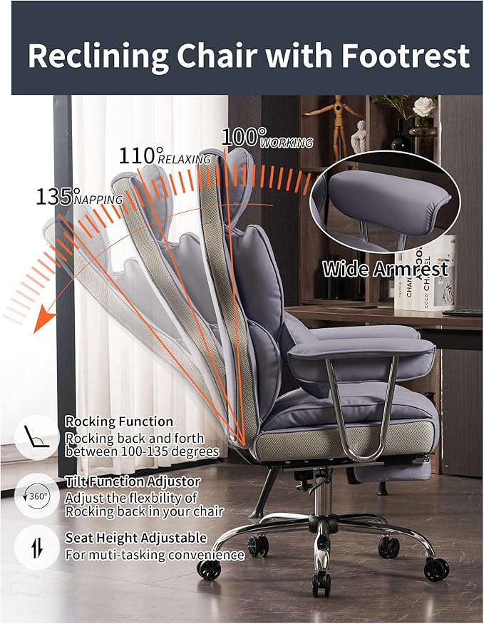 Efomao Big and Tall Office Chair 400LBS, Heavy Duty Executive Office Chair with Foot Rest, Home Office Desk Chairs, Purple Big Tall Computer Chairs-DeskLoop Office