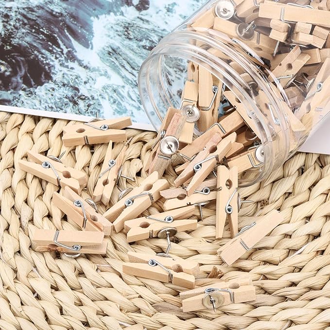 100Pcs Push Pin with Wooden Clips Tacks for Cork Board Artwork for Bulletin Board Crafts Arts Projects Photo Supplies(Wood Color)-DeskLoop Office