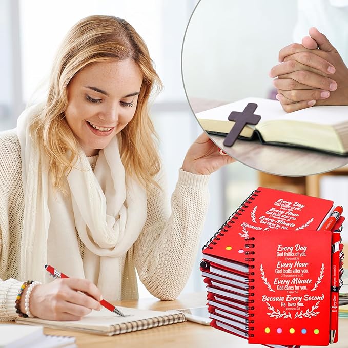 100 Pcs Bulk Christian Gifts Prayer Journal for Woman - 50 Set Religious Notepad with Christian Pen - Bible Notebook - Church Gifts for Mother's Day, Bible Study, and Family Devotions ( Red )