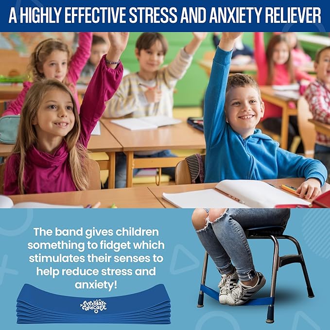 Chair Bands for Kids with Fidgety Feet - Fidget Bands for Classroom Chairs, Feety Bands, Sensory Flexible Bands, ADHD Chair Bands for kids, Anti-Snap Bands for Desk and Seats Blue (Pack of 12)
