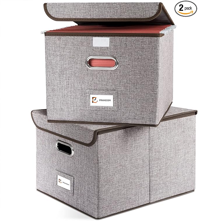 PRANDOM File Organizer Box - Set of 2 Collapsible Decorative Linen Filing Storage Hanging File Folders with Lids Office Cabinet Letter Size (15x12.2x10.75 inch)-DeskLoop Office