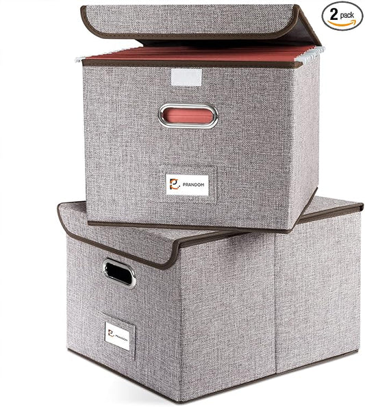 PRANDOM File Organizer Box - Set of 2 Collapsible Decorative Linen Filing Storage Hanging File Folders with Lids Office Cabinet Letter Size (15x12.2x10.75 inch)-DeskLoop Office