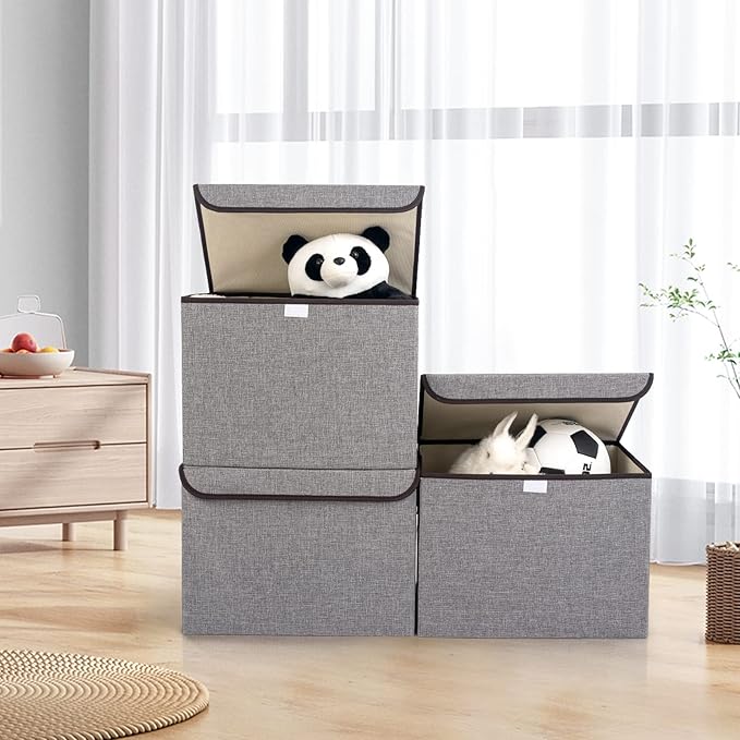 Large 22 Quart Linen Fabric Foldable Storage Bin Cube Organizer Basket with Flip-Top Lid & Handles, Clothes Blanket Box for Home, Office, Closet, Gray, 4 Pack 14.6 x 9.5 x 9.5”-DeskLoop Office