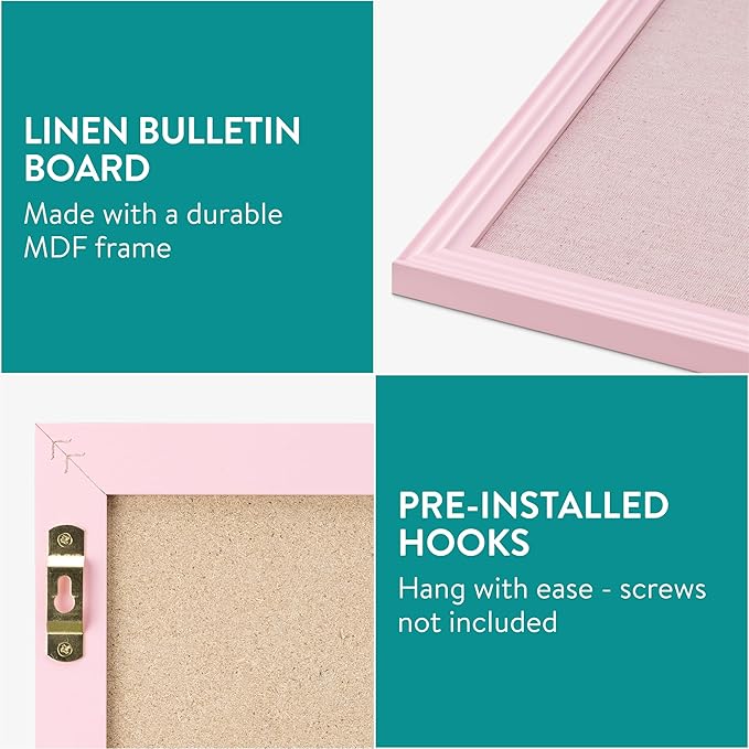 Navaris Framed Linen Bulletin Board - Approx. 58x43cm Fabric Jewelry Organizer Pinboard for Wall Memory Memo Pin Board - Pink Linen with Pink Frame-DeskLoop Office