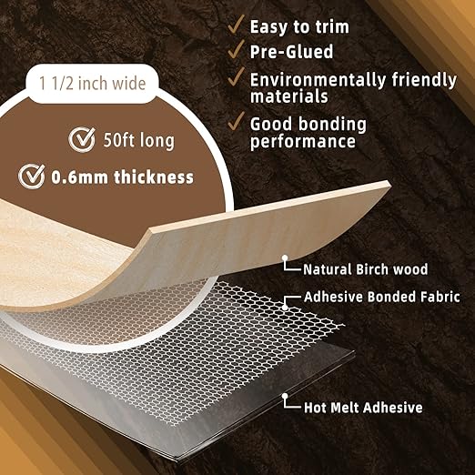 GSCIT Club Birch Edge Banding, 1 1/2 inch x 50ft roll of Veneer Edge Banding Preglued Flexible, Real Wood Tape Banding