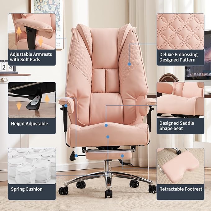 Big and Tall Office Chair 400lbs Wide Seat, Leather High Back Executive Office Chair with Foot Rest, Ergonomic Chairs Lumbar Support for Lower Back Pain Relief (Light Pink)-DeskLoop Office