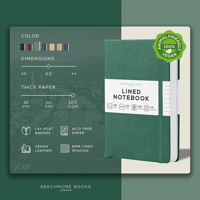 BEECHMORE BOOKS Lined Journal Notebook, 5.8 x 8.3 inch, A5 160 Lined Pages, Hardcover Leather Journals for Women, Men, Writing and Notebooks for Work - 120 GSM Thick Paper, Gifts Box Included-DeskLoop Office