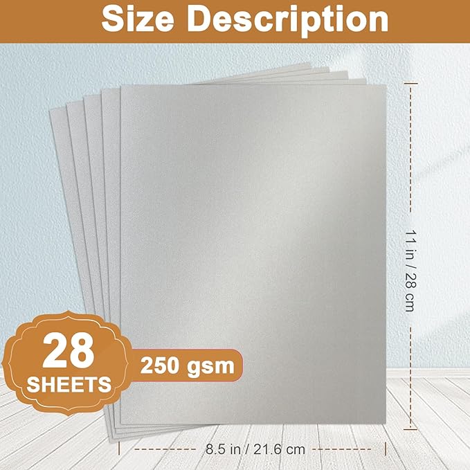 28 Sheets Shimmer Silver Cardstock 8.5 x 11 Metallic Paper, 250gsm/92lb Premium Heavyweight Card Stock for DIY Card Making, Greeting Cards, Wedding Invitations, Paper Crafting-DeskLoop Office
