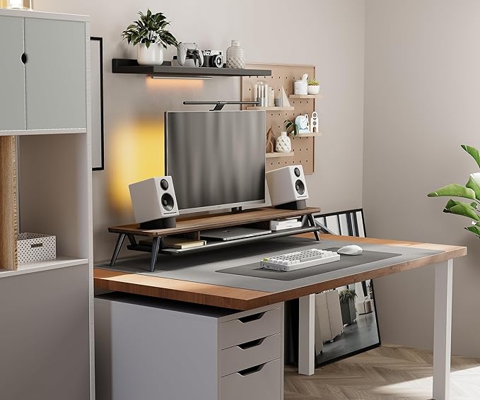 Fenge Dual Monitor Stand, Monitor Stands Riser for 2 monitors, 42.5 Inch Wood Desk Shelf with Storage Organizer and Cable Management for Office Desk Accessories-DeskLoop Office