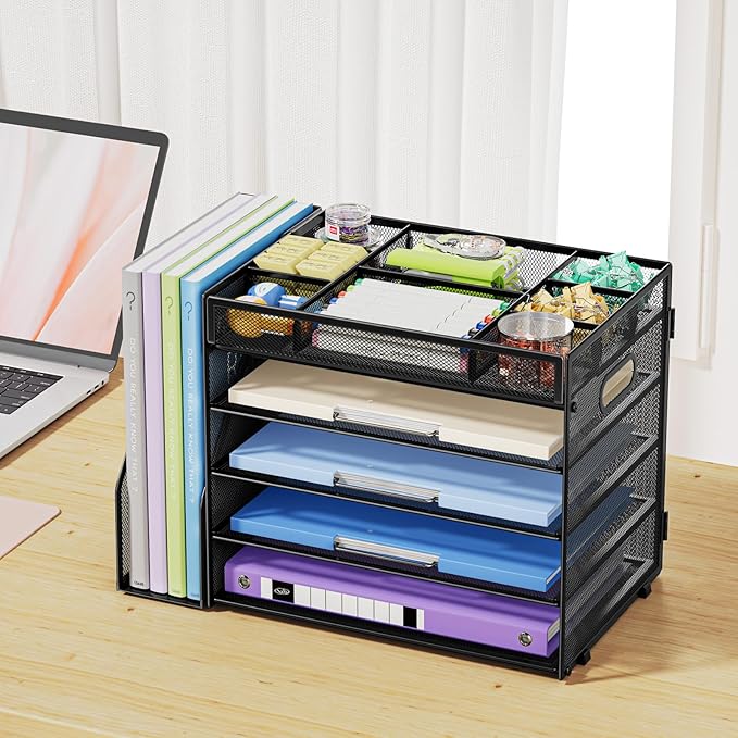 Marbrasse 5-Tier Desk Organizer with File Holder,Paper Letter Tray Organizer,Desktop File Organizer with Adjustable Compartments,Mesh Desk Organizers and Accessories for Office Supplies,Black-DeskLoop Office