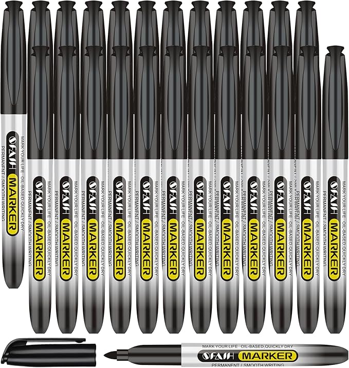 SFAIH Black Permanent Markers Bulk - 24 Pack, 1s Quick Dry, Non-Fading, Fine Point Permanent Pens for Plastic Glass Metal Wood Paper Stone, Office Classroom Kitchen, Doodling, Marking, Waterproof-DeskLoop Office