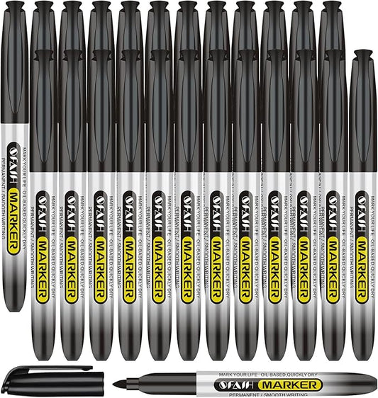 SFAIH Black Permanent Markers Bulk - 24 Pack, 1s Quick Dry, Non-Fading, Fine Point Permanent Pens for Plastic Glass Metal Wood Paper Stone, Office Classroom Kitchen, Doodling, Marking, Waterproof-DeskLoop Office