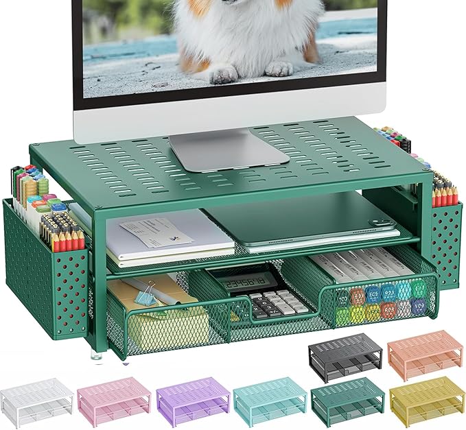 gianotter Desk Organizers and Accessories, Monitor Stand with Drawer and 2 Pen Holder, Desktop Organizer Suitable for Offices and Dormitories (Green)-DeskLoop Office