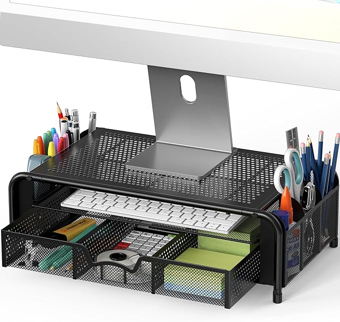 Simple Houseware Monitor Riser Stand with Pull-Out Drawer and Pen Holders, Black-DeskLoop Office