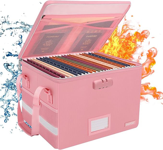 ENGPOW File Box with Lock, Fireproof Document Box with Zipper&Pockets, Collapsible File Organizer Filing Storage Cabinet with Handle, Portable Home Office Safe for Hanging Letter/Legal Folder, Pink-DeskLoop Office