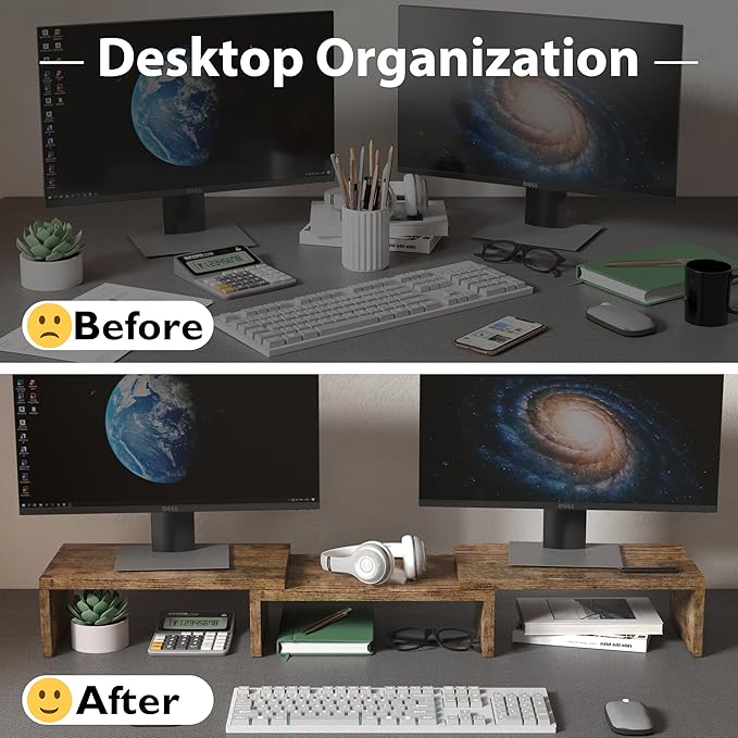 BONTEC Dual Monitor Stand Riser with Smartphone Holder, Adjustable Length & Swivel Angle, Ergonomic Wooden Desktop Organizer for PC Monitor, Laptop, Printer, Large Storage, Rustic Brown-DeskLoop Office
