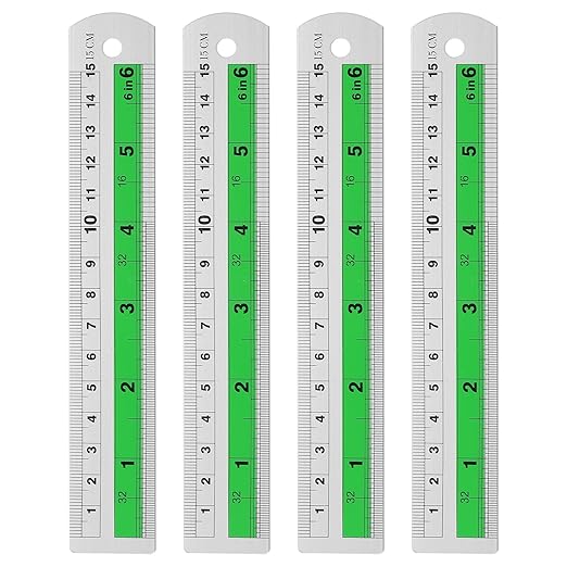 HARFINGTON 4pcs Metal Straight Ruler 15cm Metric SAE Aluminum Alloy Measuring Rulers Scale Tool with Hole for Measure Study Reading Classroom Office, Green-DeskLoop Office