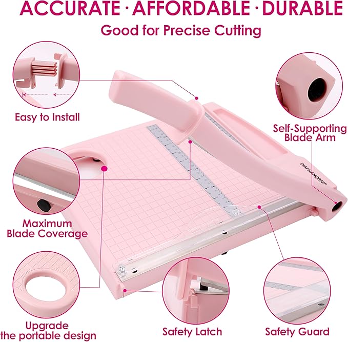 Paper Cutter Trimmer for Office&Crafts, Heavy Duty Guillotine Paper Trimmer with Portable Base Design/Safety Protection and Blade Lock, Paper Cutter 12 Sheets, Cardstock/Laminate (Pink)-DeskLoop Office