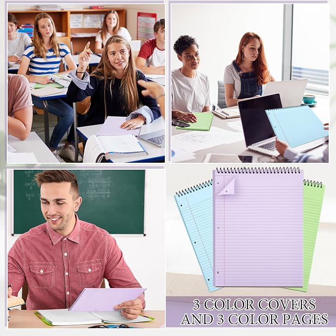 10 Packs 8.5" x 11" Top Spiral Notebook with 3 Hole Punched Legal Pads College Ruled Notepad 50 Sheets Hard Cardboard Paper Wirebound Notepad for Office School Business (Green,Blue,Purple)-DeskLoop Office
