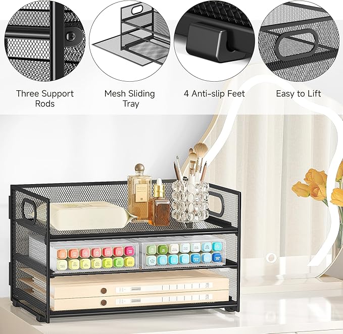 Subekyu 3 Tier Paper Letter Tray Organizer for Desk, Black Metal Mesh Desk File Folder Sorter Organizer with Handle and Sliding Tray for Home, Office, School Supplies Organization Storage-DeskLoop Office