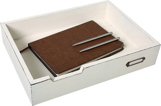 MyGift Rustic Wood Desktop Drawer-Style Stackable Document Letter Tray Organizer Storage Box with Handles for Home Office Supplies (Vintage White)-DeskLoop Office