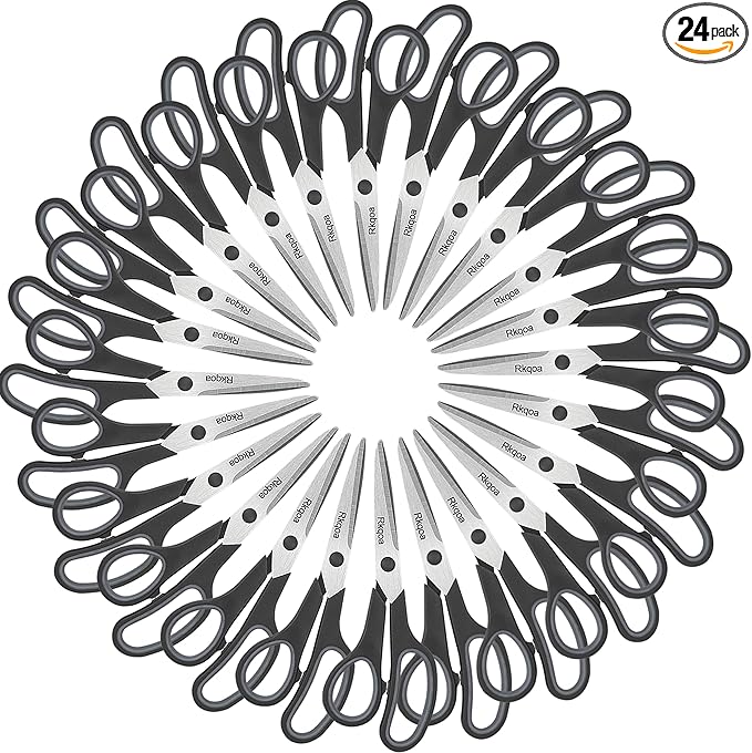 24 Black Scissors Bulk, Rkqoa 8" All Purpose Scissors Pack - Thick Sharp Shears for Office School Sewing Craft Supplies, Classroom Must have, Teacher/Class Scissor, Right/Left Handles-DeskLoop Office