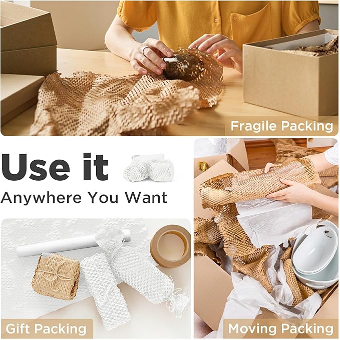 Honeycomb Packing Paper, 12"x150' White | Perforated Honeycomb Packing Paper Recyclable Moving Supplies for Shipping & Moving | Plastic-Free Alternative to Bubble Cushion Wrap with 36 Fragile Stickers-DeskLoop Office