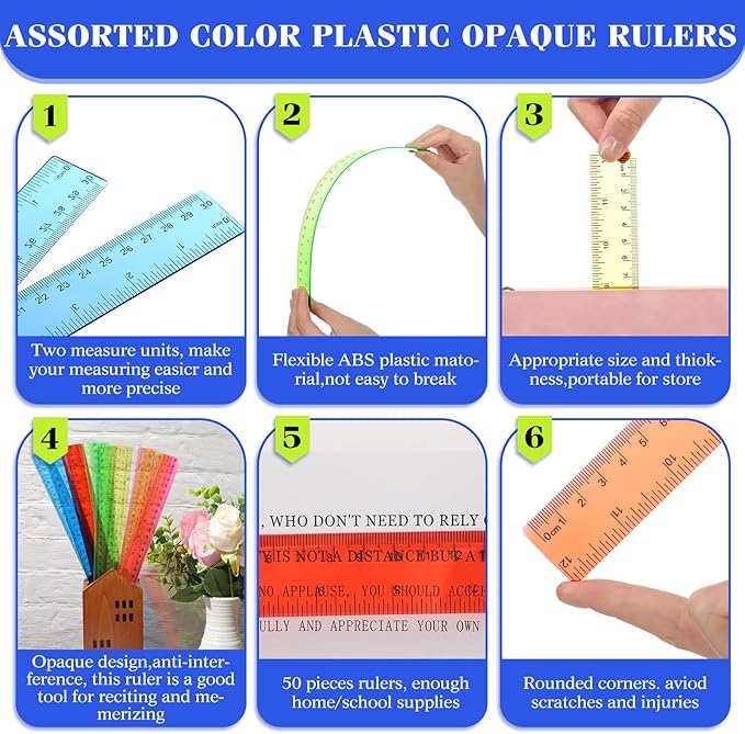 Zonon 50 Pcs 6 Inch/12 Inch Plastic Rulers Bulk Flexible Straight Rulers with Inches Centimeters First Day of School Gift Students Back to School Office Home Supplies(Clear Colorful,12 Inch)-DeskLoop Office
