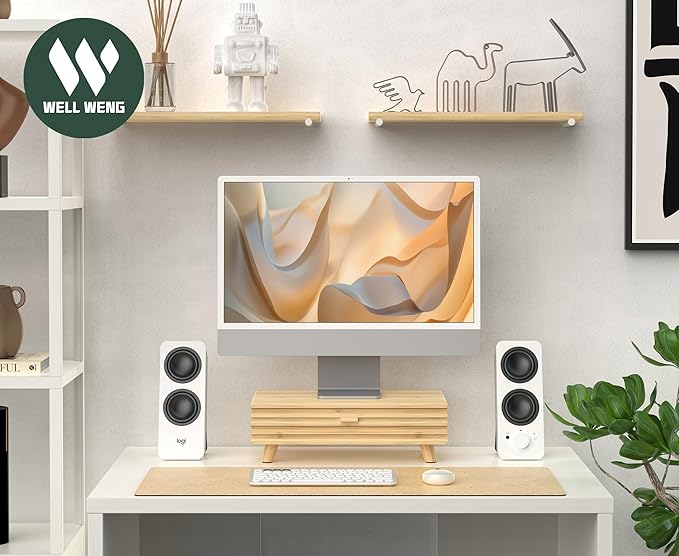 Bamboo Monitor Stand with Drawer - Desk Organizer with Cable Management & Storage, Ergonomic Laptop Riser for Home Office (220lbs Capacity, 15.7 inch ,Natural)-DeskLoop Office