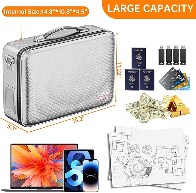 DocSafe Fireproof Document Box with Lock, Hard Case File Organizer with Accordion File Folder, Fireproof Water Resistant Safe Box Home Office Travel Storage for Important Documents Laptop Silver-DeskLoop Office