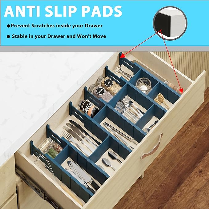 6 Pack Bamboo Drawer Dividers with 12 Inserts, Expandable Adjustable Clothes Drawer Organizers and Storage from 17" to 22" for Kitchen, Bedroom, Dresser, Cosmetics (Navy Blue)-DeskLoop Office