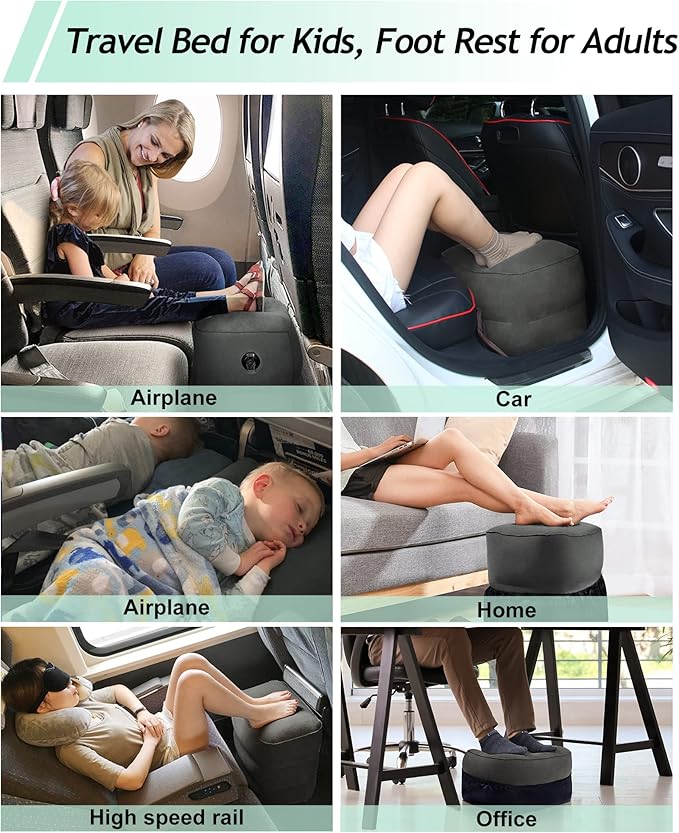 JefDiee Inflatable Travel Foot Rest Pillow, Kids Airplane Bed, Adjustable 3 Layers Height Leg Rest Pillow, Adults Travel Essentials Great for Airplane, Office, Home, Trains, Cars (Dark Grey)-DeskLoop Office