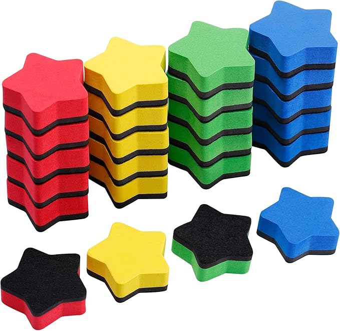 24 pcs Strong Magnetic Whiteboard Eraser - Mini Dry Erase Erasers, Small Chalkboard Cleansers Wiper for Kids and Teachers Classroom Must Haves School Supply Home and Office, Star Shaped-DeskLoop Office