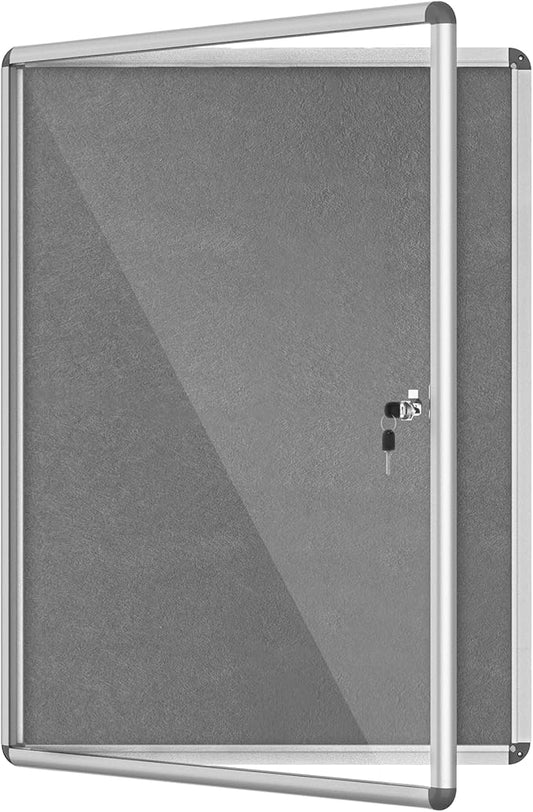 38"x28" Enclosed Bulletin Board, Lockable Weather-Resistant Aluminum Cork Noticeboard for School & Office, Silver Frame w/Grey Flet-DeskLoop Office