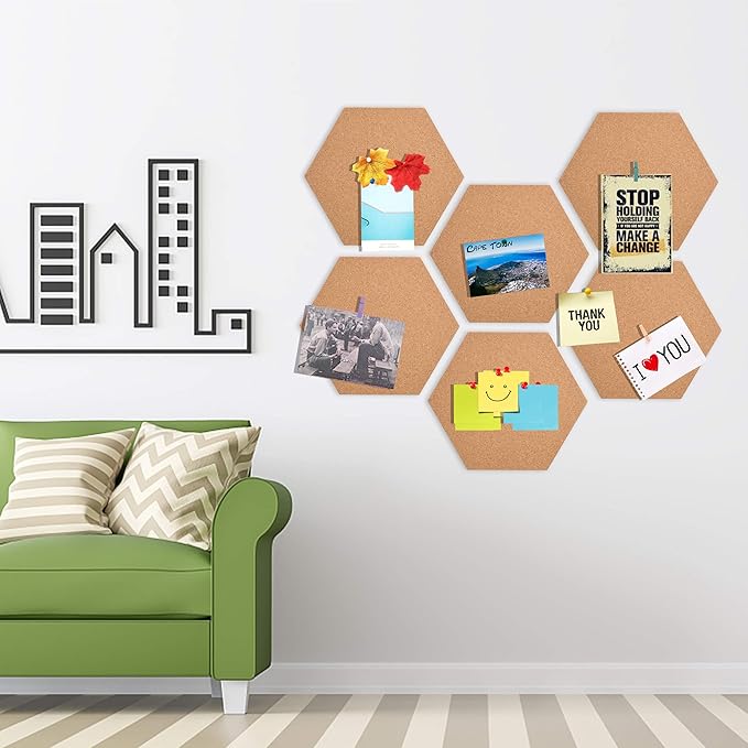 SUNGIFT Hexagon Cork Board Tiles Self Adhesive 6 Pack - 1/2" Thick Corkboards for Wall 12" x 10.2" Memo Boards Pin Board Decorative Bulletin Board for Office Home Kitchen - 50 Multi-Color Push Pins-DeskLoop Office