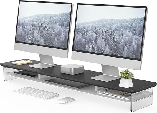 Fenge Acrylic Monitor Stand Riser, 42.5 Inches Dual Monitor Stand with Metal Storage, 2 Tier Acrylic Computer Riser for Desk, Clear Laptop Stand for PC, Laptop, Printer, TV, Black-DeskLoop Office