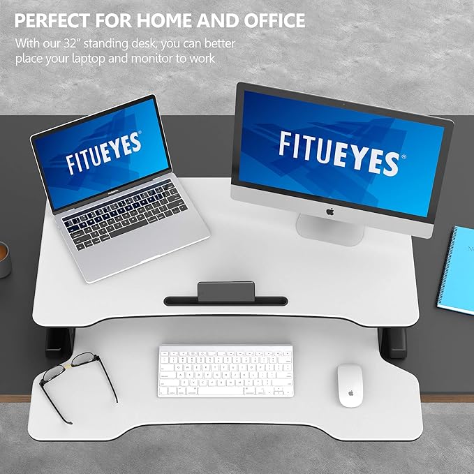 FITUEYES Height Adjustable Standing Desk 32” Wide Sit to Stand Converter Stand Up Desk Tabletop Workstation for Laptops Dual Monitor Riser White SD308003WW-DeskLoop Office