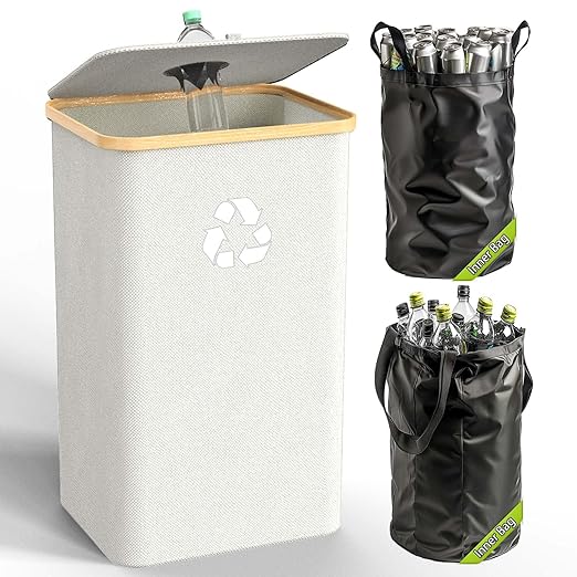 Recycling Bin for Kitchen Indoor Home, Large 100L/ 27 Gallon Recycle Bin with Lid Removeable Reusable Inner Bag Bottle Can Glass Waste Plastice Stickers (White, 27 Gallon)-DeskLoop Office