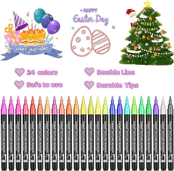 Caliart Outline Glitter Markers, 24 Colors Shimmer Metallic Glitter Pens Tween Teen Girl Gifts Trendy Stuff, Cool Fun Craft Arts Supplies Set for Kids 4-6-8-10-12-DeskLoop Office