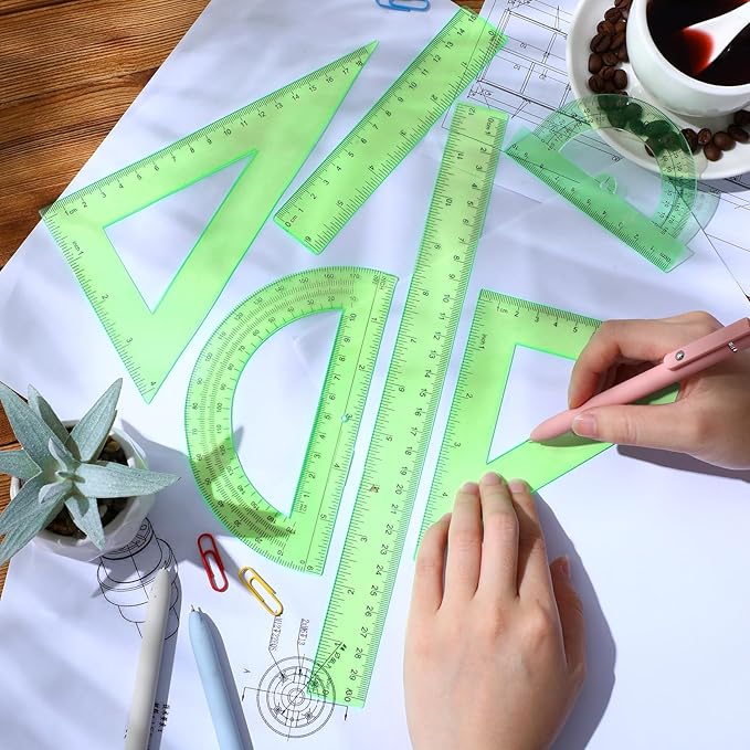 Tenare 6 Pcs Plastic Ruler Math Set Includes 12 Inch 6 Inch Straight Protractor Triangle Geometry Transparent Math Ruler Measuring Tools for School Office Home(Green)-DeskLoop Office