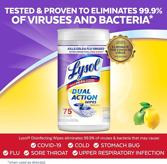 Lysol Dual Action Disinfectant Wipes, Multi-Surface Antibacterial Scrubbing Wipes, For Disinfecting and Cleaning, Citrus Scent, 75ct (Pack of 4), Packaging May Vary-DeskLoop Office
