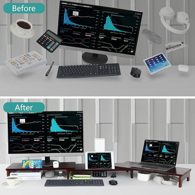 Nnewvante Large Dual Monitor Stand Riser, 60 inch Bamboo Monitor Stand with Adjustable Length and Angle, 3 Shelves Desktop Screen Riser for Computer Laptop PC, Walnut-DeskLoop Office